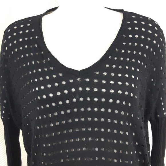 Womens M Sweater Black Gray Open Knit Ribbed Pockets Lagenlook Goth Avant Garde - Picture 2 of 5